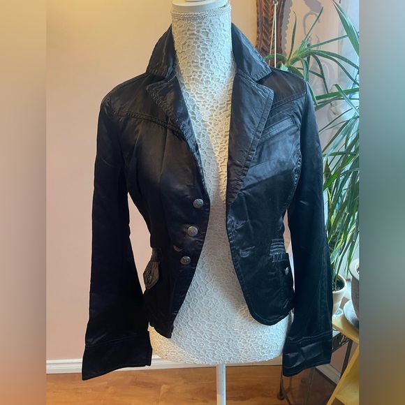 Y2k Shiny Black 'Diesel' Blazer Moto Jacket With Playing Card Embroidery - Picture 5 of 11